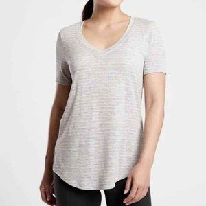 Athleta Breezy Striped V Neck Tee Heather Grey Short Sleeve Top Size Med…